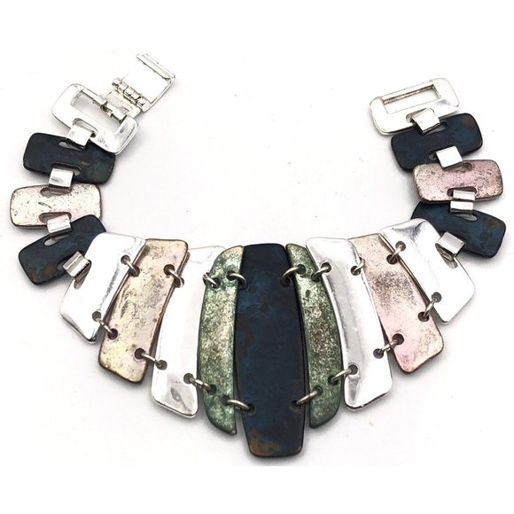 RLM Robert Lee Morris SOHO Green and Silver Tone Metal Link Bracelet Jewelry 7" - Picture 1 of 10
